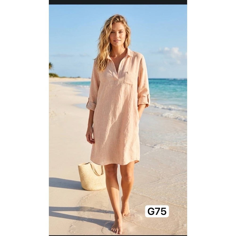 French Curve 100% Linen V-Neck Tunic Shirt Dress Peach Pink‎ Roll Tab Sleeve L⁠